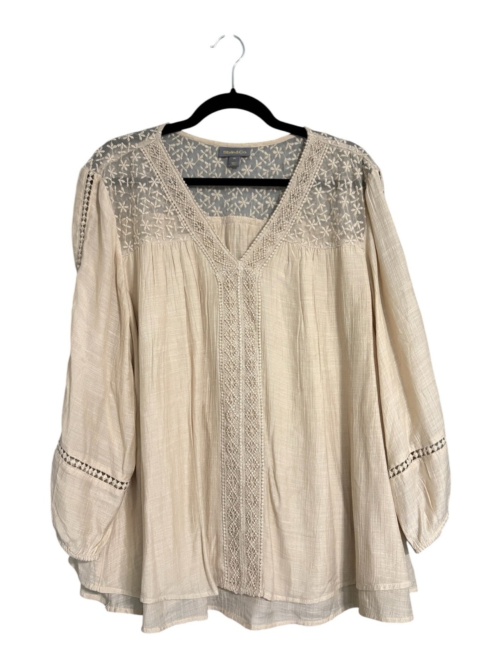 Style & Co. 3X Embroidered Boho Peasant Blouse Cream Ivory Tunic Top